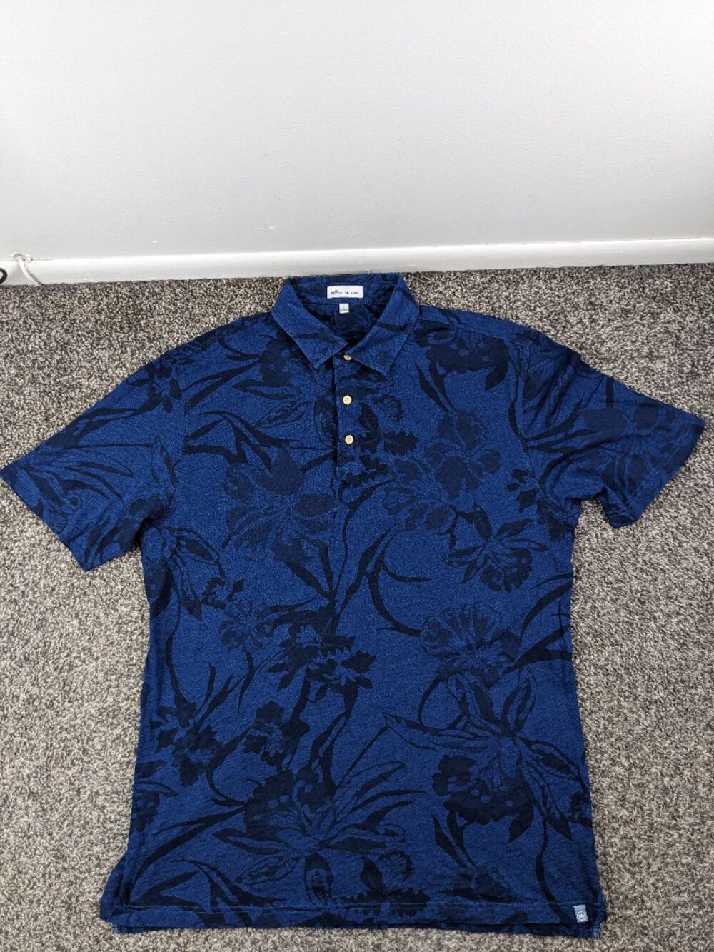 2020 Peter Millar Polo Shirt Slub Cotton Floral Indigo Navy Blue Mens Large